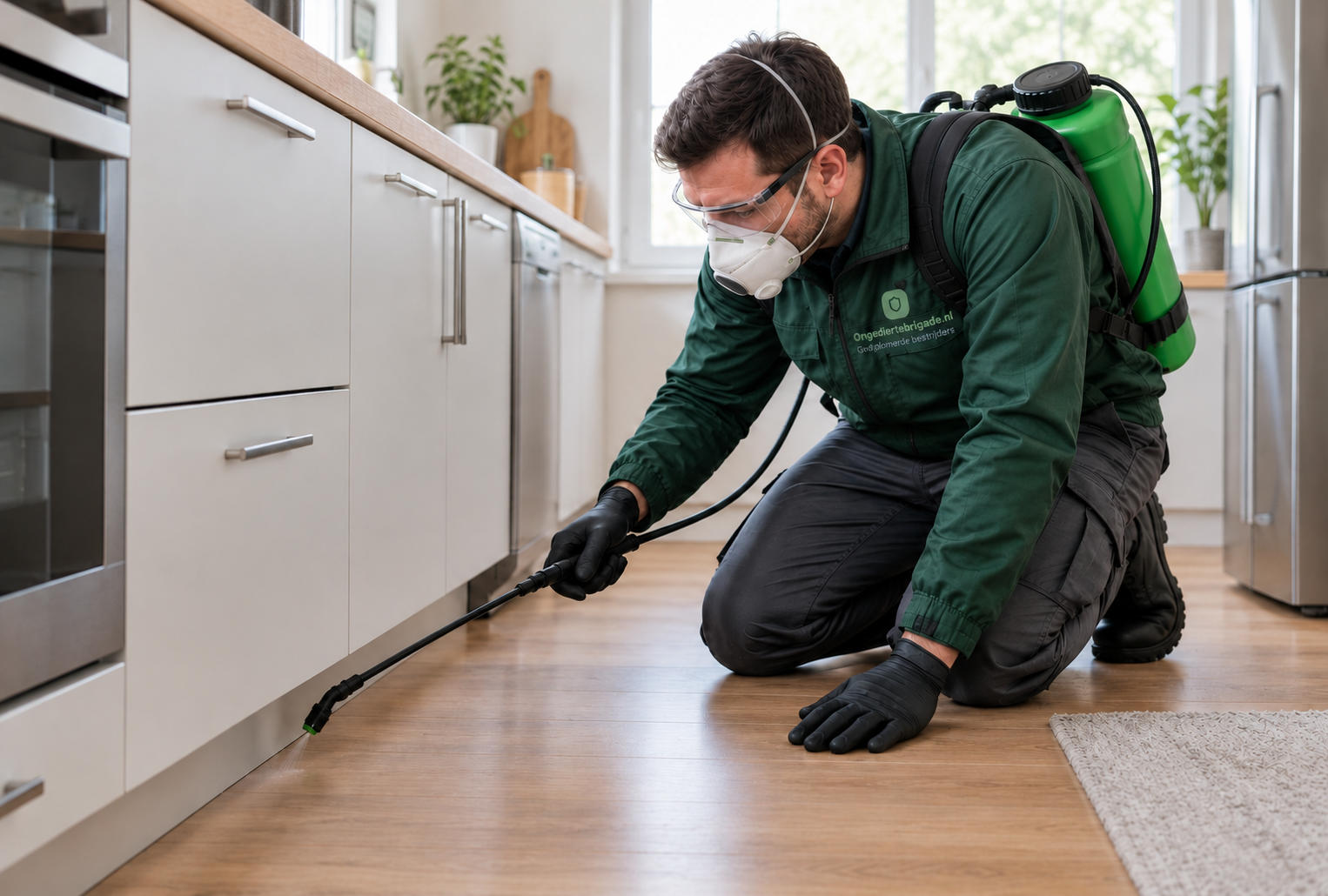 Gediplomeerde bestrijder behandelt ongedierte in een woonkamer
